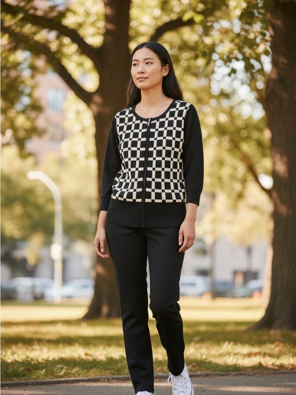 White House Black Market WHBM Black White Geometric Full Zip Cardigan Sweater M
